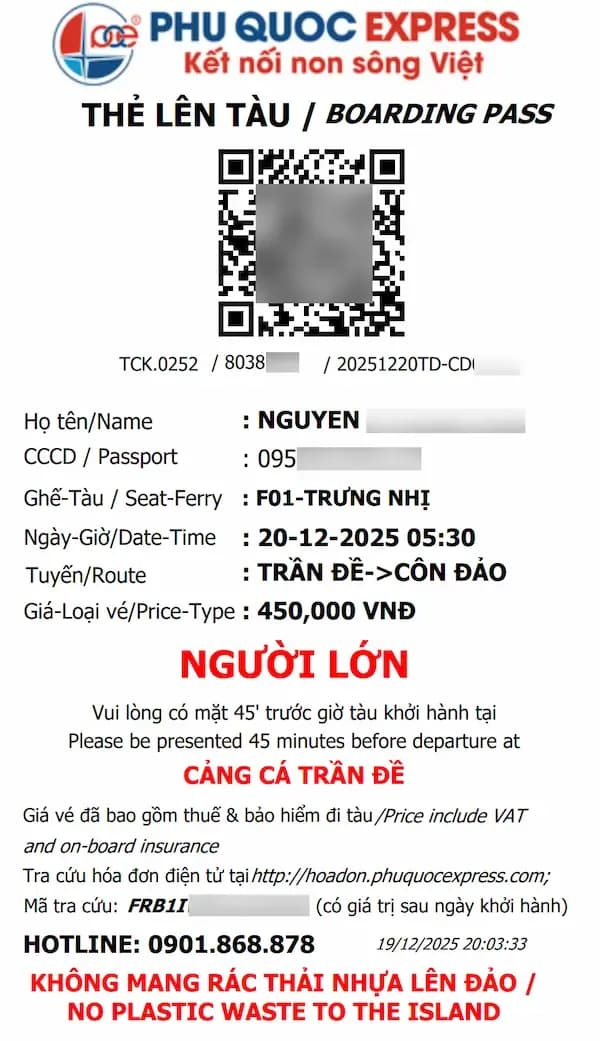 Vé tàu Phú Quốc Express tuyến Trần Đề Côn Đảo 1.00