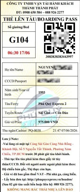 Vé tàu Phú Quý Express tuyến Hồ Chí Minh Côn Đảo 1.00