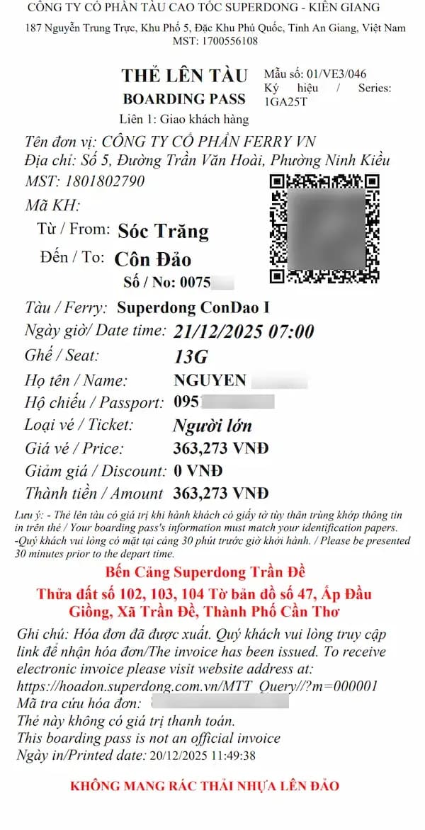 Vé tàu Superdong tuyến Sóc Trăng Côn Đảo 1.00