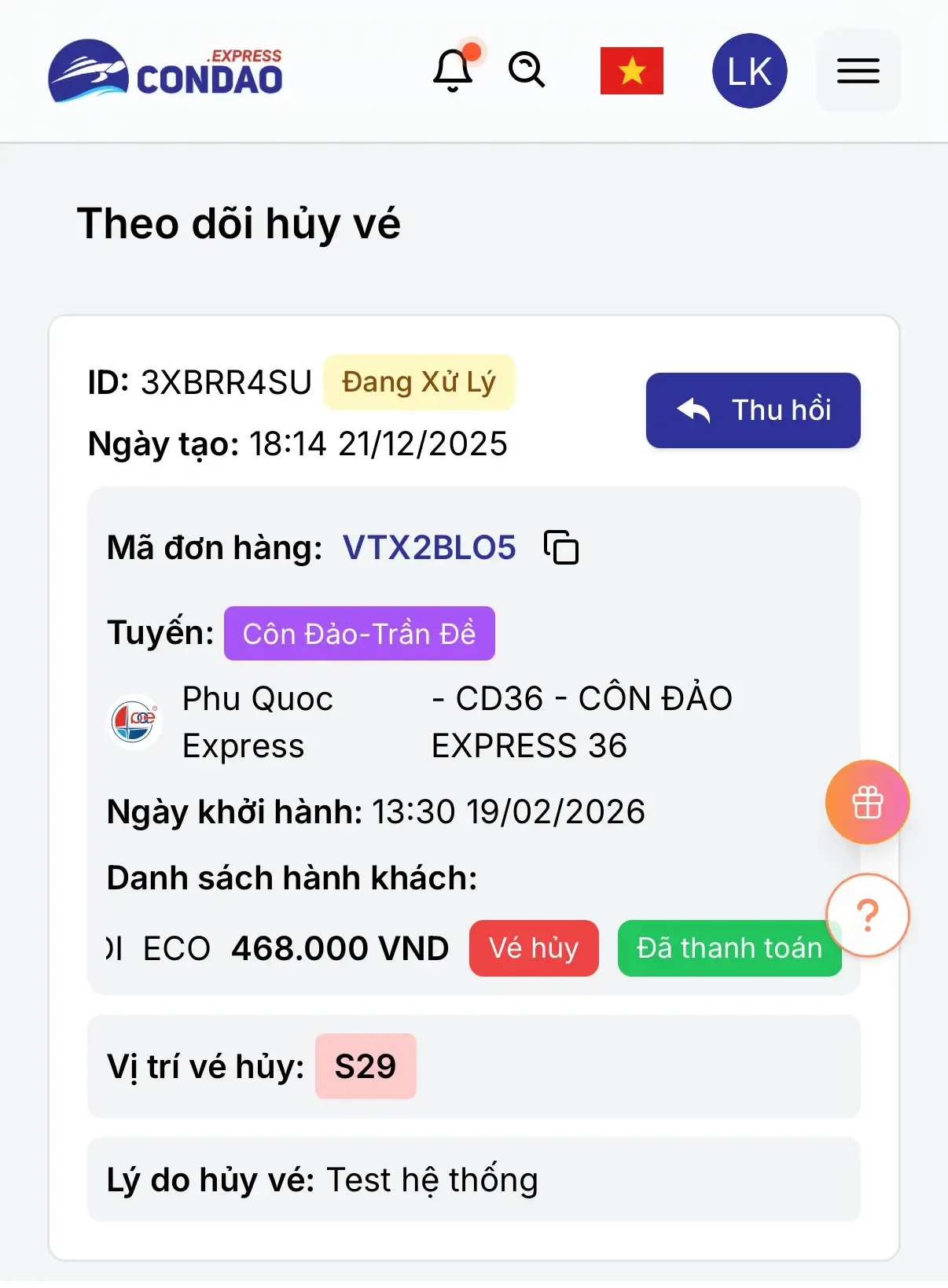 Theo dõi huỷ vé